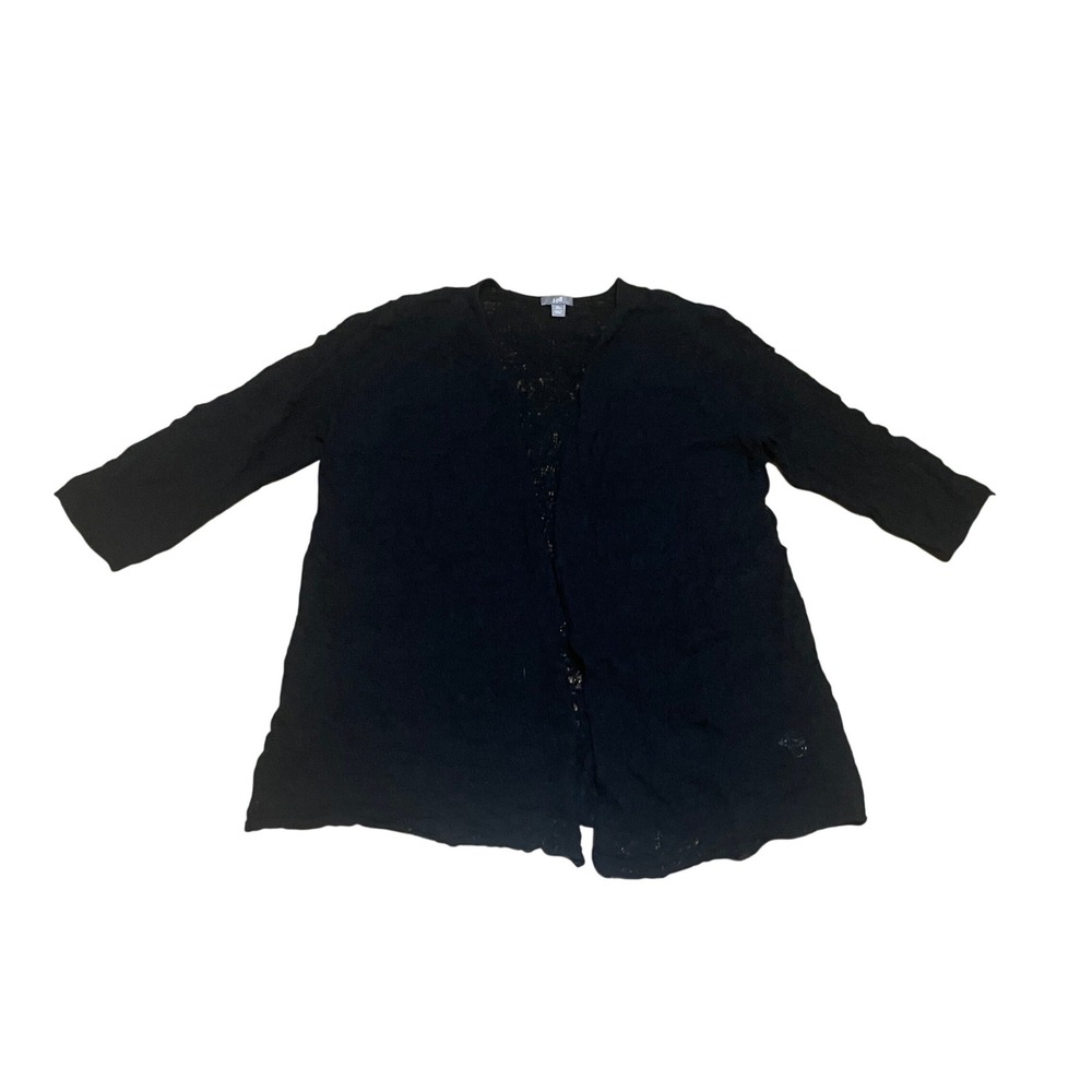 J. Jill XLP Whimsy Black Pointelle Knit Stretch Open Front 3/4 Sleeve Cardigan